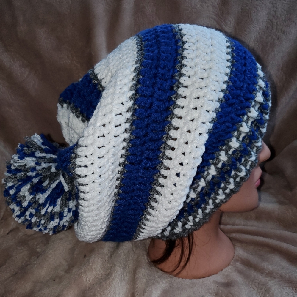 Ceocheted cowboys inspired pom pom slouchy beanie
